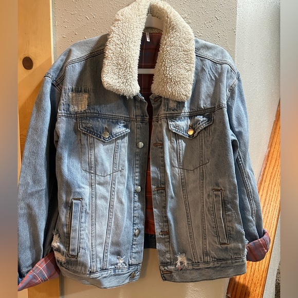 Free People Flannel Lined Jean Jacket with Sherpa Collar - Picture 2 of 4